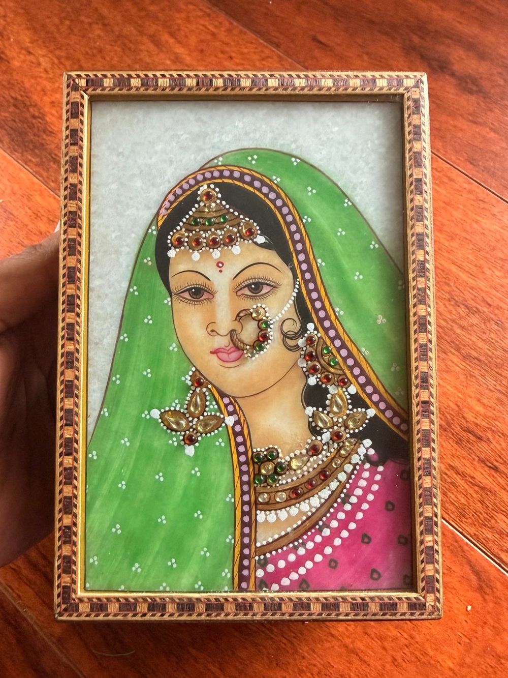 Traditional Hand-Painted Woman Portrait Wall Art — Green & Pink